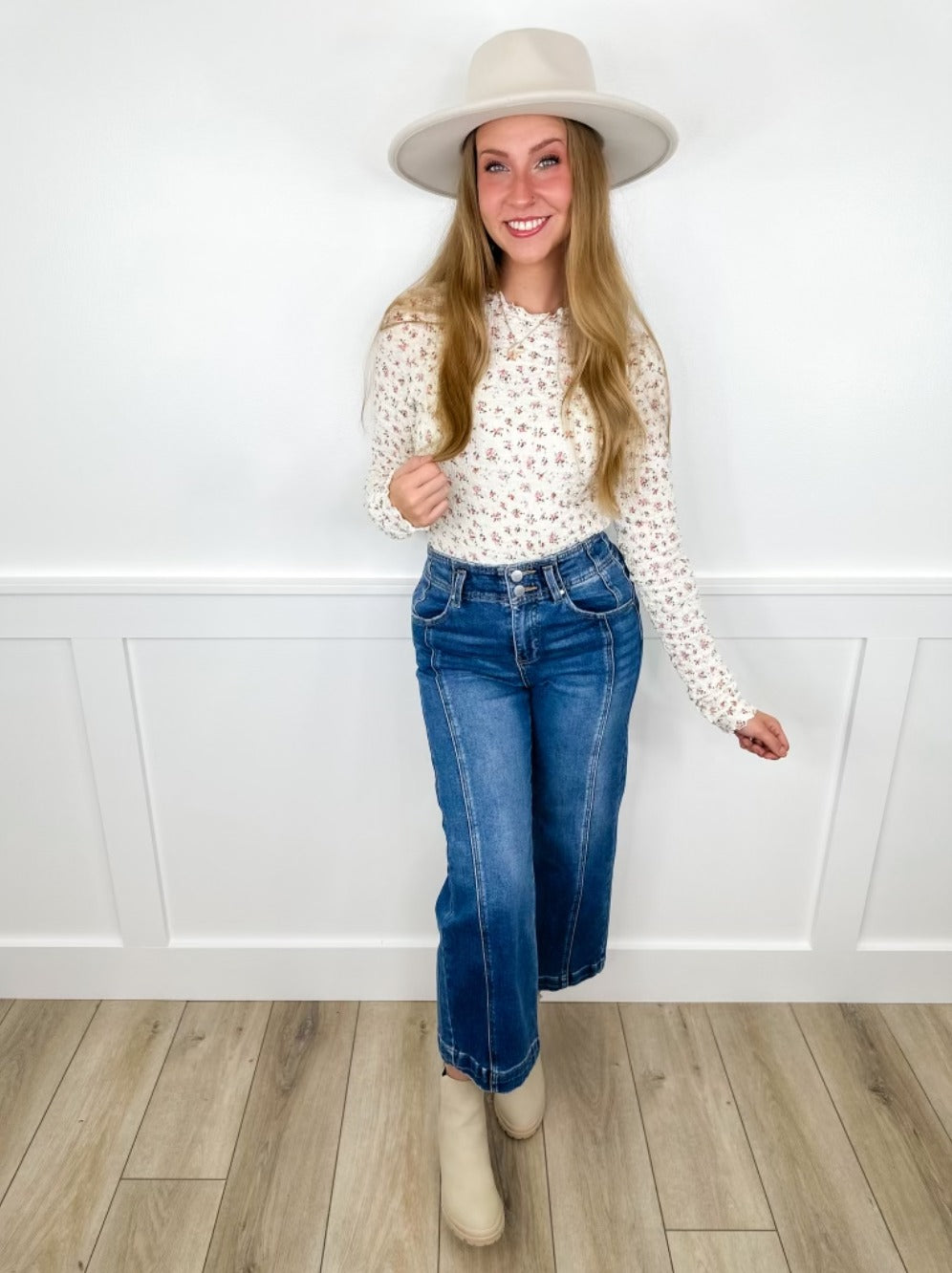 Risen Clarissa High-Rise Double Button Wide Leg Cropped Medium Wash Blue Jeans