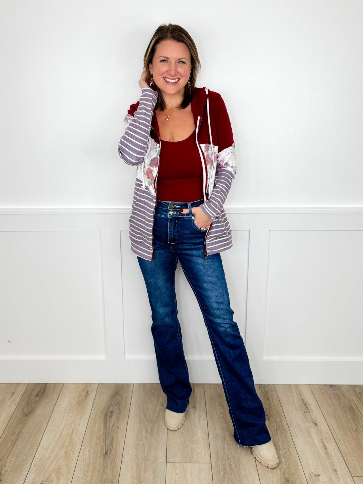Risen Selena Tummy Control High-Rise Double Button Raw Hem Bootcut Dark Wash Blue Jeans