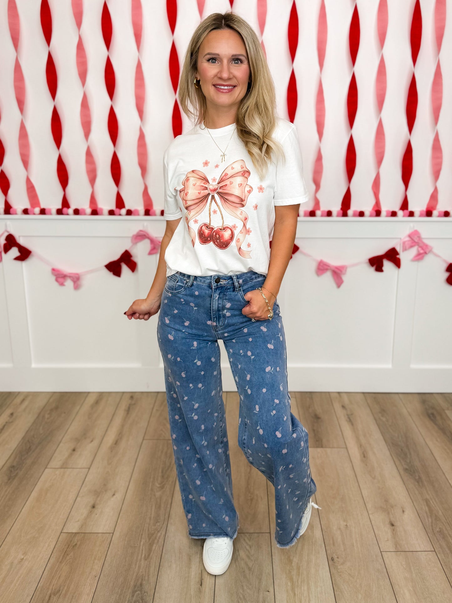 Easel Sweetheart Cherries High-Rise Cotton Blend Medium Wash Bottoms
