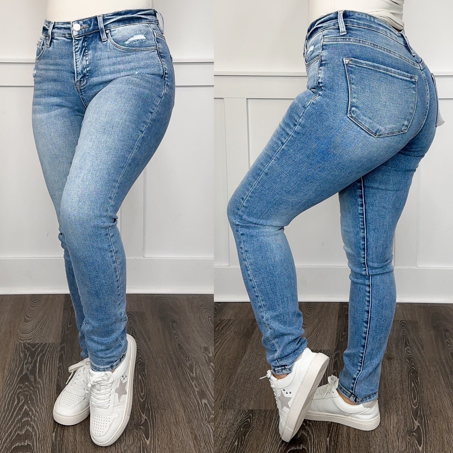 Risen Blaire Tummy Control Distressed High-Rise Slim Fit Light Wash Blue Jeans