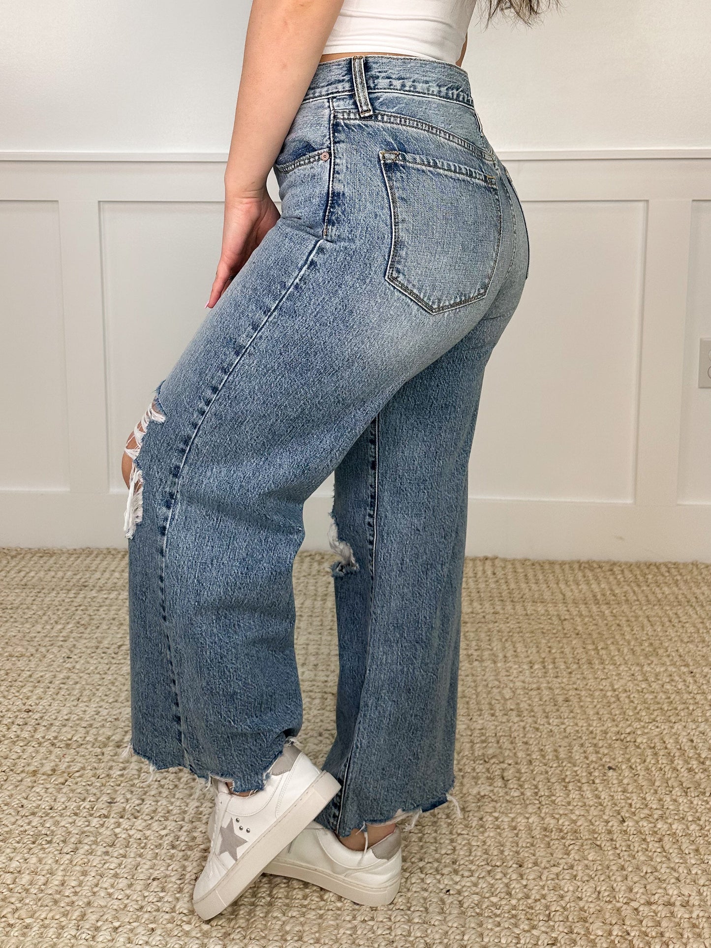Ampersand Avenue Peyton Distressed High-Rise Fray Wide Leg Cropped Light Wash Jeans