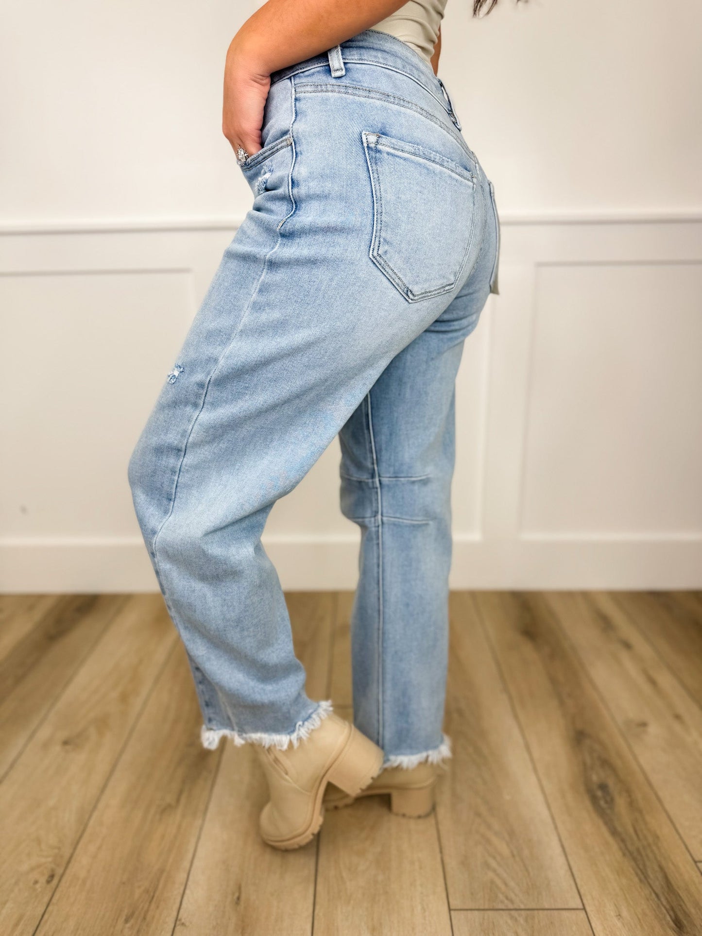 Risen Opal Distressed Mid-Rise Fray Hem Barrel Leg Light Wash Cropped Blue Jeans