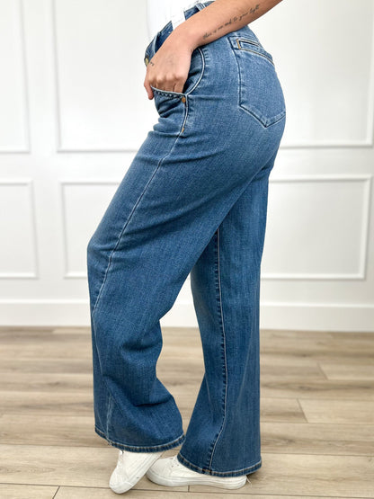 Judy Blue Bristol High-Rise Trouser Column Jeans - Medium Wash (Multiple Inseams, Double Button, Non-Distressed)
