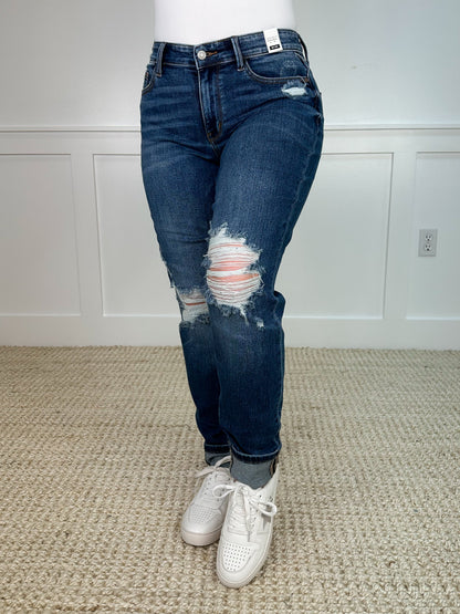 Judy Blue Emily Distressed Mid-Rise Boyfriend Dark Wash Jeans