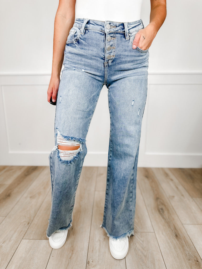 Risen Kenzie High-Rise Wide Leg Jeans - Medium Wash (Button Fly, Fray Hem, Distressed)