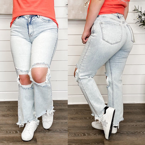 Risen Kristi Distressed High-Rise Straight Leg Cropped Light Acid Wash Blue Jeans
