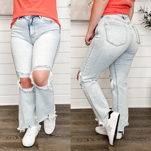 Risen Kristi Distressed High-Rise Straight Leg Cropped Light Acid Wash Blue Jeans