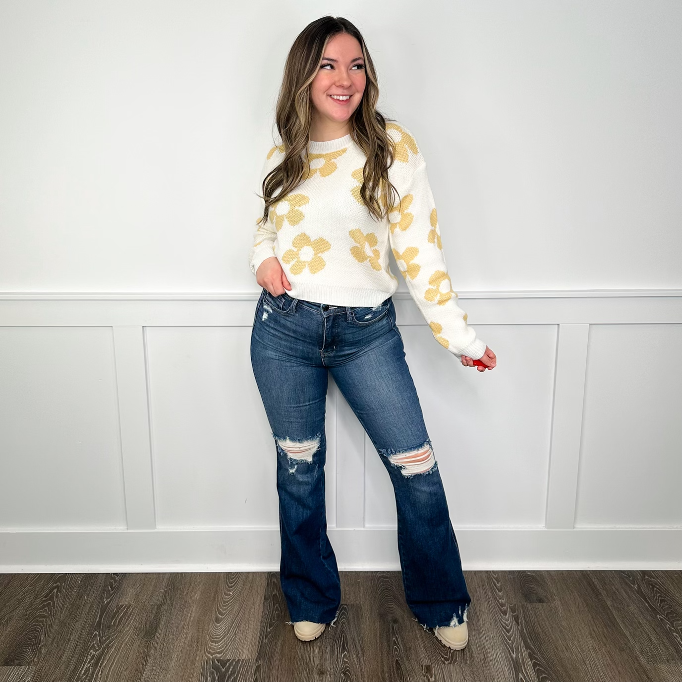 Judy Blue Ellie Tummy Control Distressed High-Rise Raw Hem Flare Dark Wash Jeans