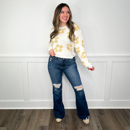 Judy Blue Ellie Tummy Control Distressed High-Rise Raw Hem Flare Dark Wash Jeans