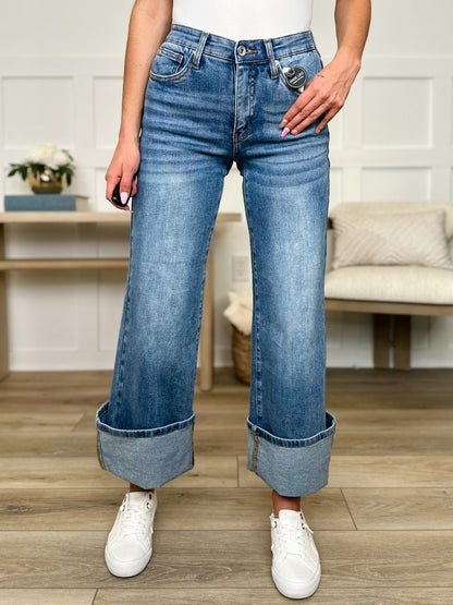 Saige Makayla Tummy Control Mid-Rise Wide Leg Jeans - Medium Wash (Non-Distressed)