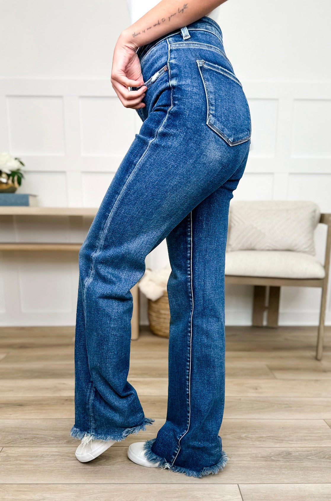 Risen Ariana Tummy Control Straight Leg Jeans - Dark Wash (Fray Hem, Distressed)