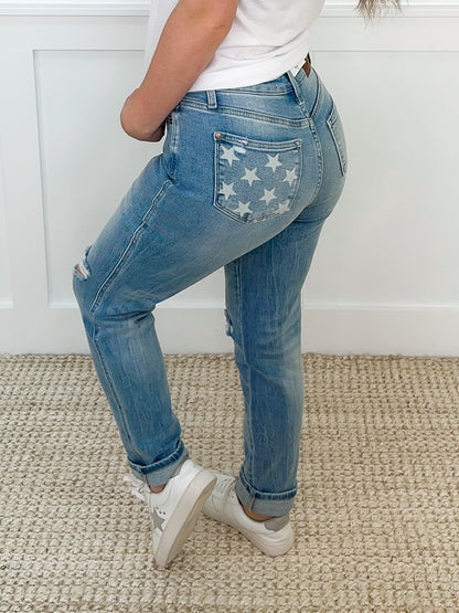 Judy Blue Brandy Distressed Mid-Rise Boyfriend Light Wash Jeans