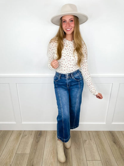 Risen Clarissa High-Rise Double Button Wide Leg Cropped Medium Wash Blue Jeans