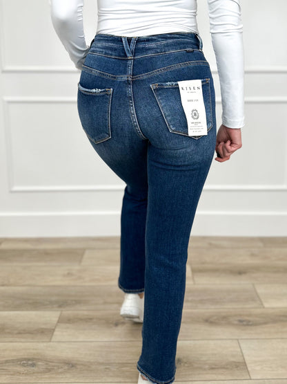 Risen Remi High-Rise Straight Leg Jeans - Dark Wash (Double Button, Distressed)