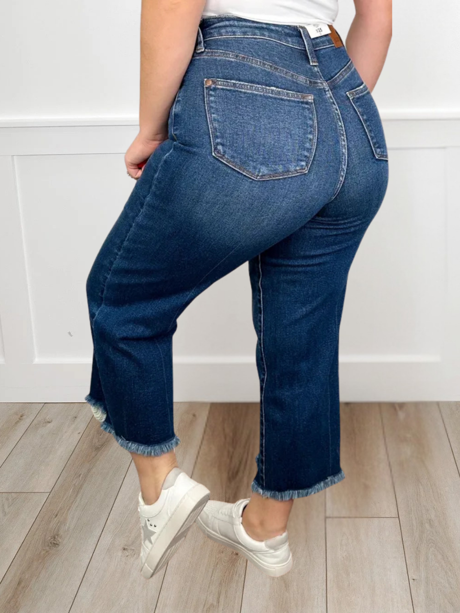 Judy Blue Raegan Distressed High-Rise Button Fly Fray Hem Wide Leg Cropped Dark Wash Jeans