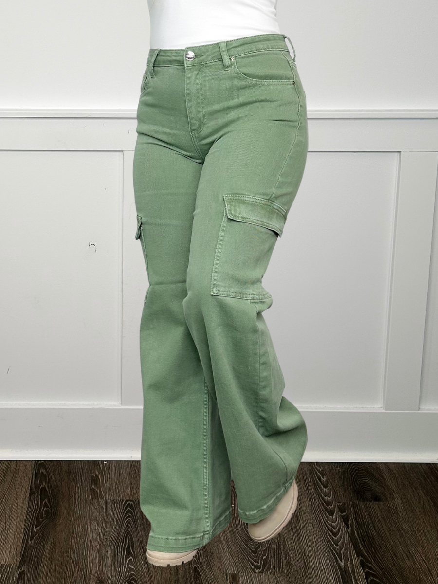 Risen Beverly High-Rise Wide Leg Cargo Sage Jeans