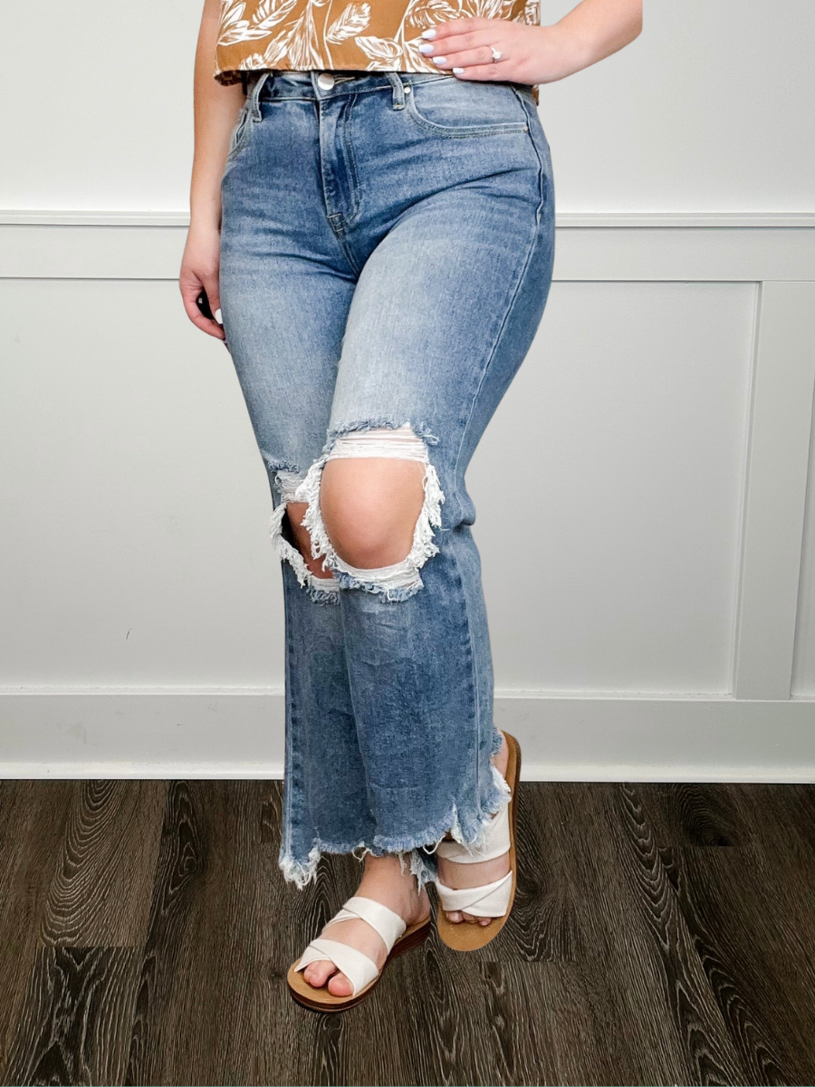 Risen Kristi High-Rise Straight Leg Cropped Jeans - Medium Wash (Distressed)