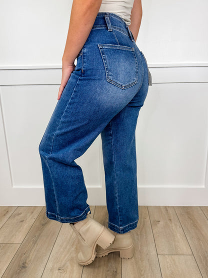 Risen Clarissa High-Rise Double Button Wide Leg Cropped Medium Wash Blue Jeans