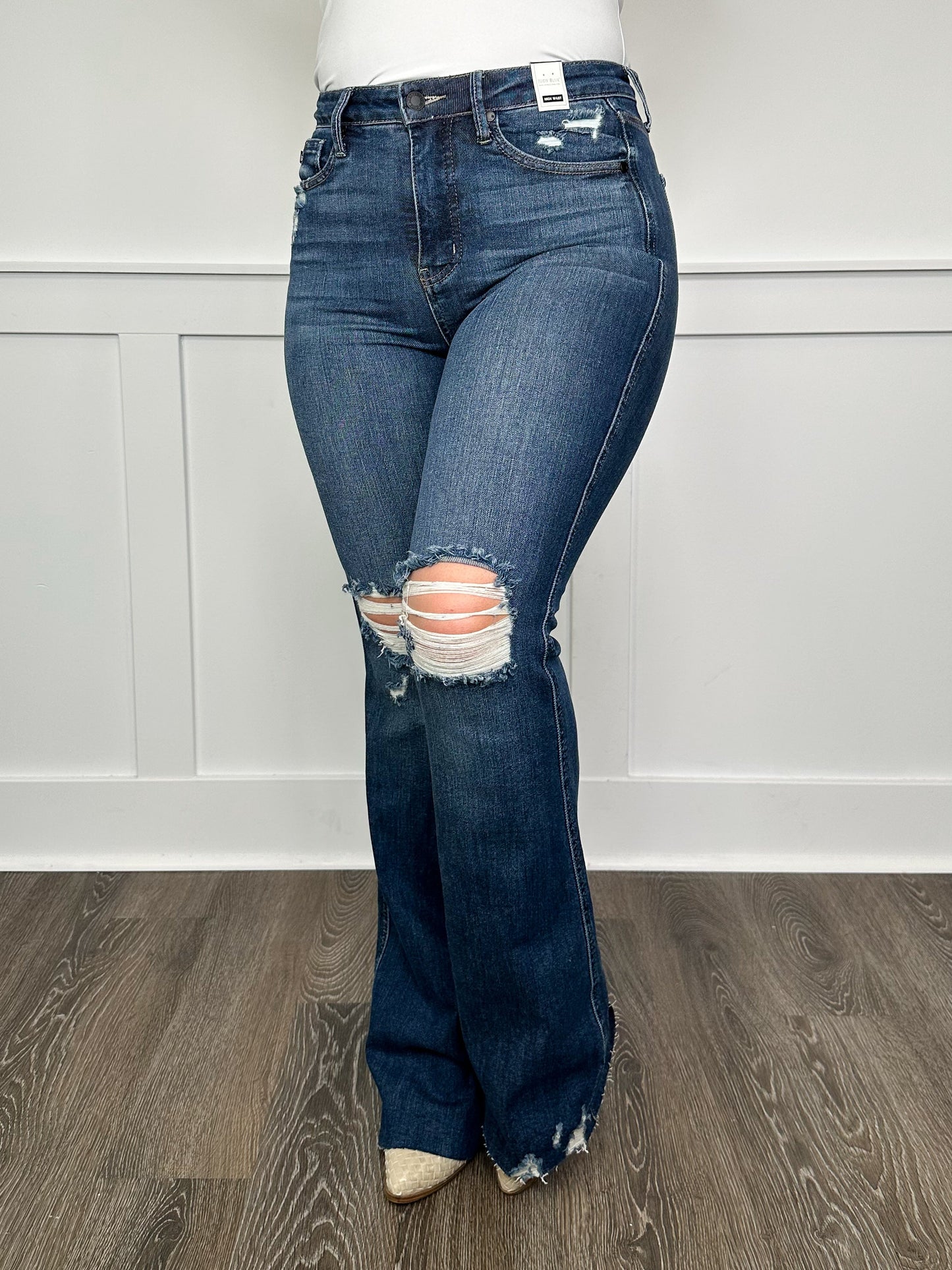 Judy Blue Ellie Tummy Control Distressed High-Rise Raw Hem Flare Dark Wash Jeans