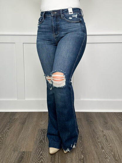 Judy Blue Ellie Tummy Control Distressed High-Rise Raw Hem Flare Dark Wash Jeans