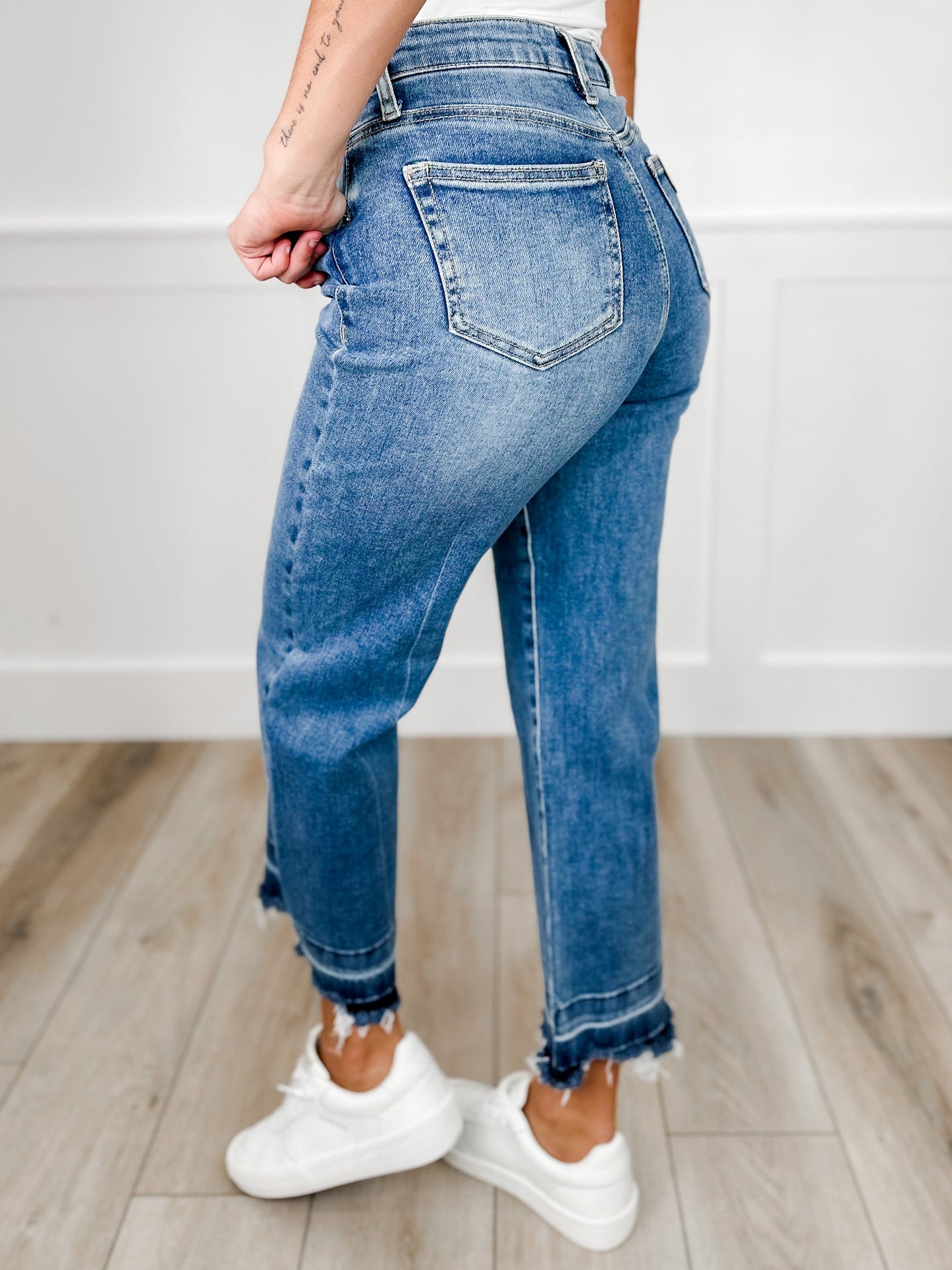 Saige Kinley Tummy Control Wide Leg Cropped Jeans - Medium Wash (Release Hem, Distressed)