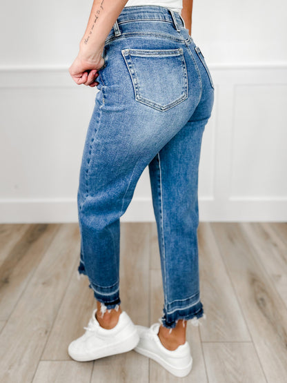 Saige Kinley Tummy Control Wide Leg Cropped Jeans - Medium Wash (Release Hem, Distressed)