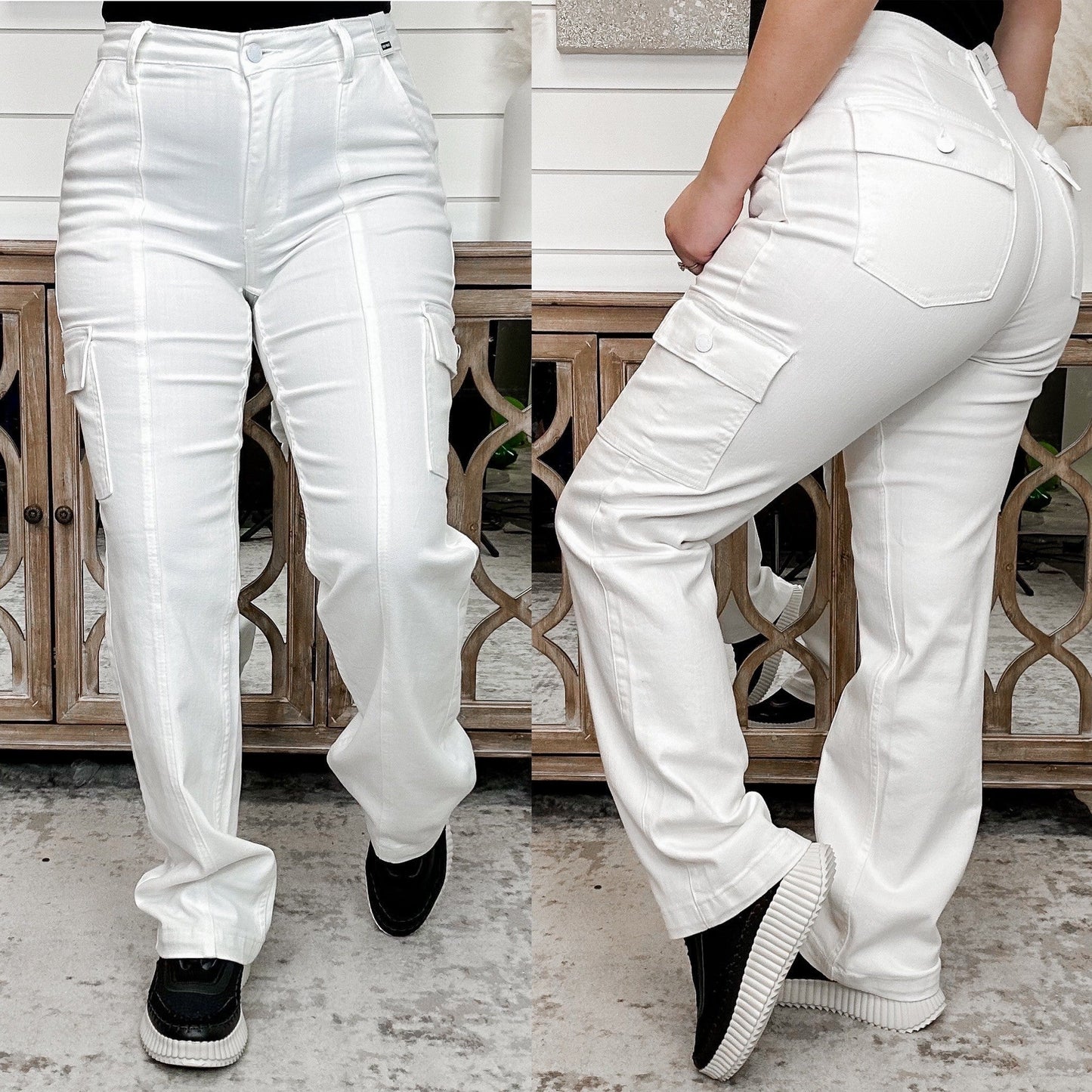 Judy Blue Hannah High-Rise Cargo Straight Leg White Jeans