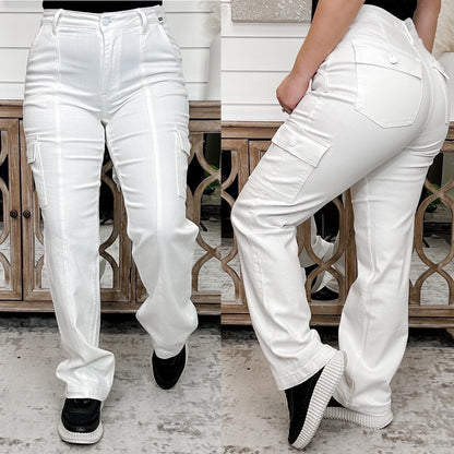 Judy Blue Hannah High-Rise Cargo Straight Leg White Jeans