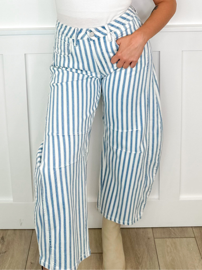 Sarina High-Rise Barrel Leg Striped Avery Mae Jeans - White (Non-Distressed)