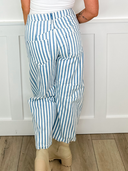Sarina High-Rise Barrel Leg Striped Avery Mae Jeans - White (Non-Distressed)