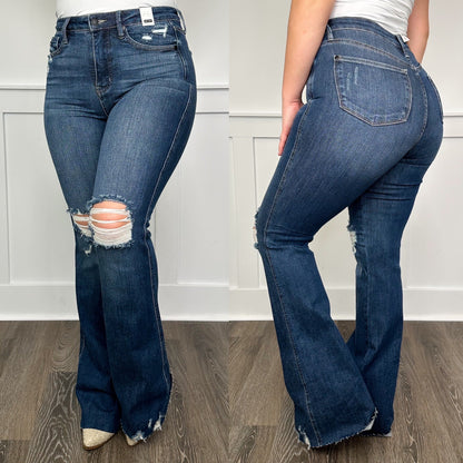 Judy Blue Ellie Tummy Control Distressed High-Rise Raw Hem Flare Dark Wash Jeans