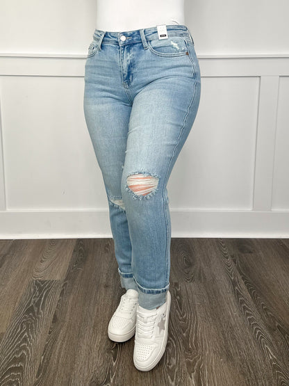 Judy Blue Brandy Distressed Mid-Rise Boyfriend Light Wash Jeans