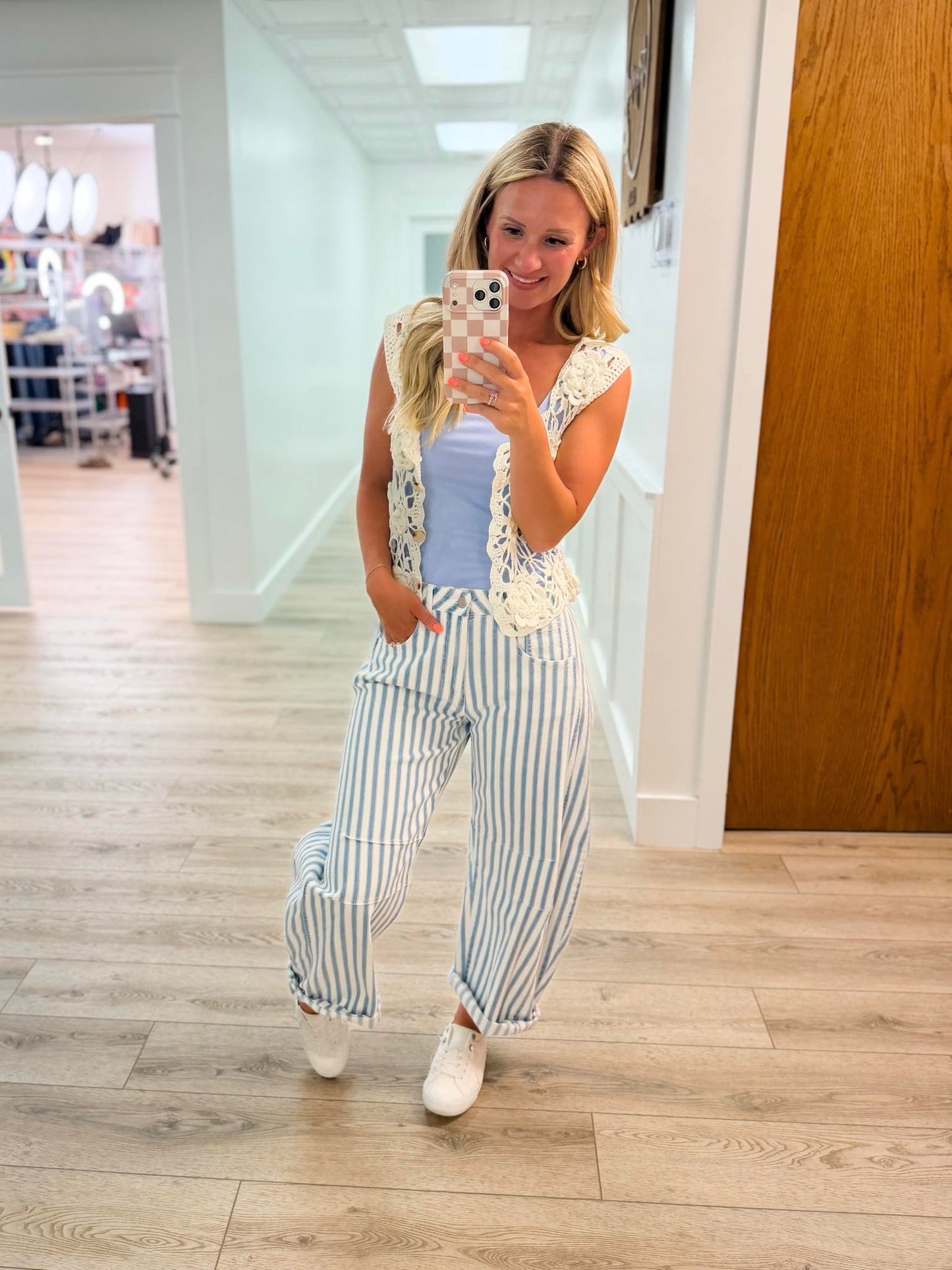 Sarina High-Rise Barrel Leg Striped Avery Mae Jeans - White (Non-Distressed)