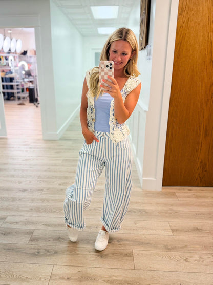 Sarina High-Rise Barrel Leg Striped Avery Mae Jeans - White (Non-Distressed)