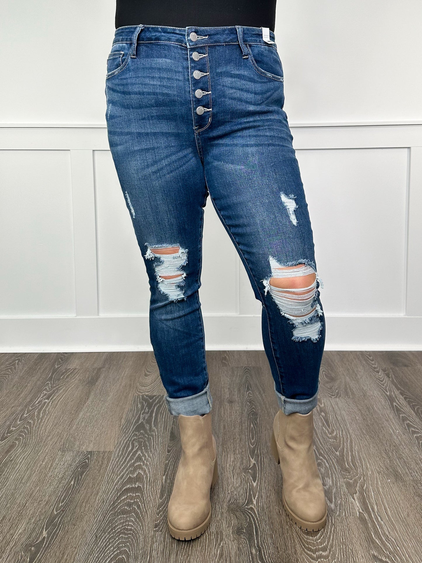 Judy Blue Emerson Distressed High-Rise Button Fly Skinny Dark Wash Jeans