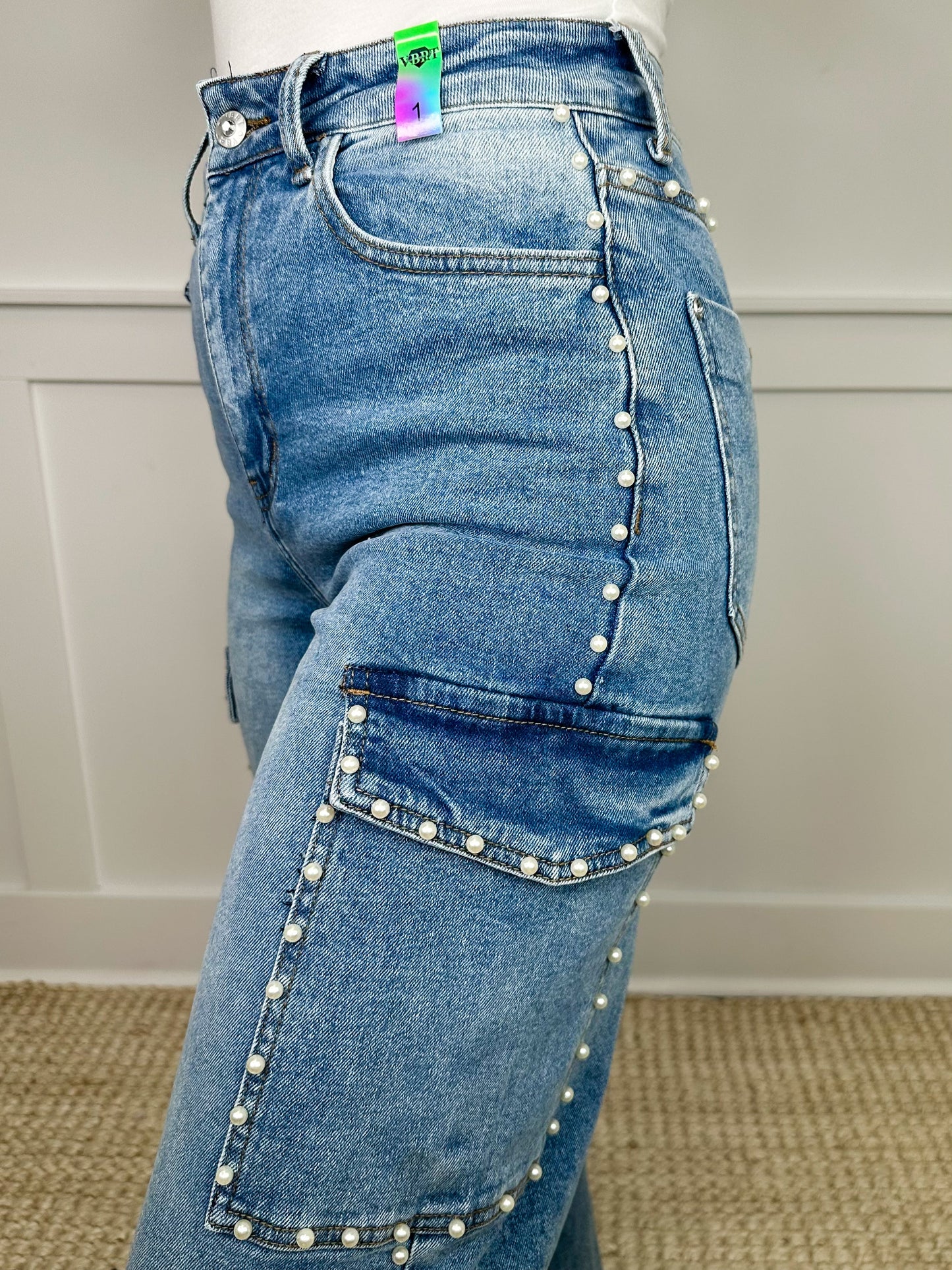 Lauren High-Rise Wide Leg Pearl Medium Wash Cargo Blue Jeans
