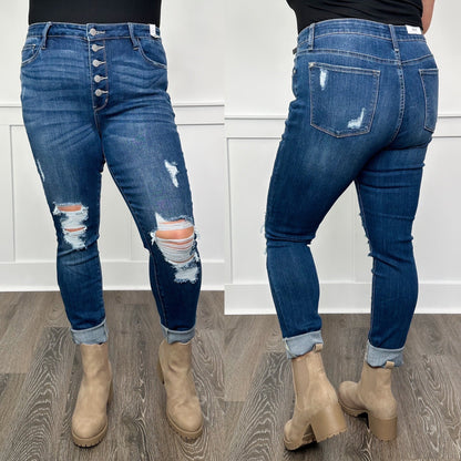 Judy Blue Emerson Distressed High-Rise Button Fly Skinny Dark Wash Jeans