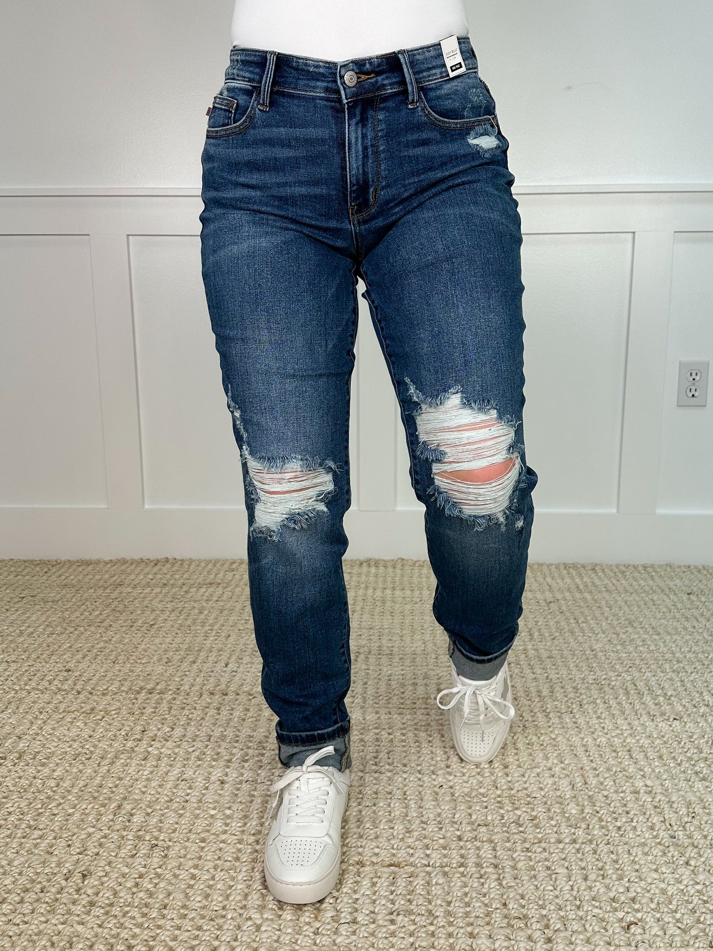 Judy Blue Emily Distressed Mid-Rise Boyfriend Dark Wash Jeans