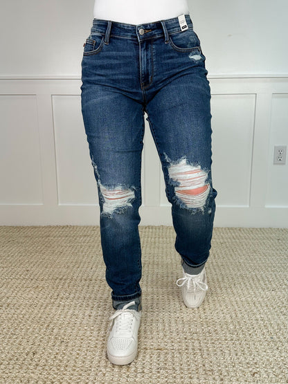 Judy Blue Emily Distressed Mid-Rise Boyfriend Dark Wash Jeans