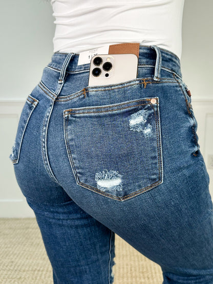 Judy Blue Emily Distressed Mid-Rise Boyfriend Dark Wash Jeans