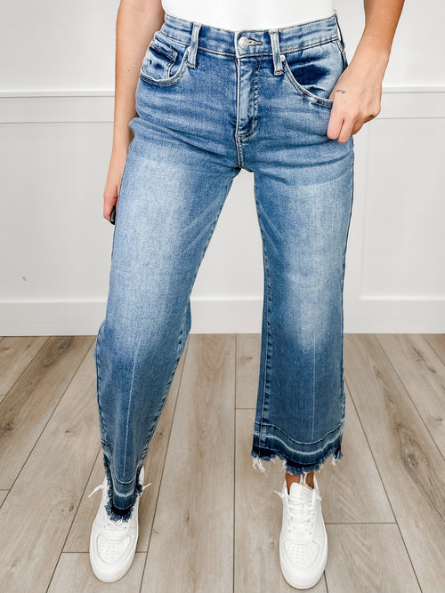 Saige Kinley Tummy Control Wide Leg Cropped Jeans - Medium Wash (Release Hem, Distressed)