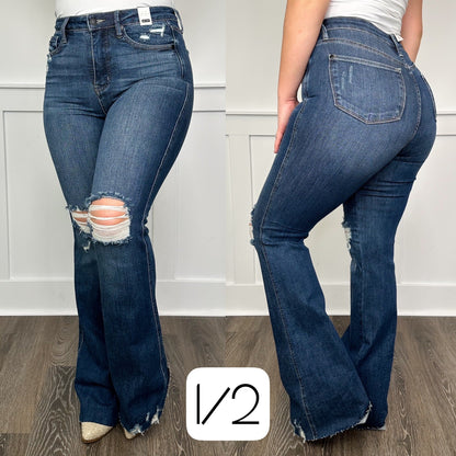 Judy Blue Ellie Tummy Control Distressed High-Rise Raw Hem Flare Dark Wash Jeans