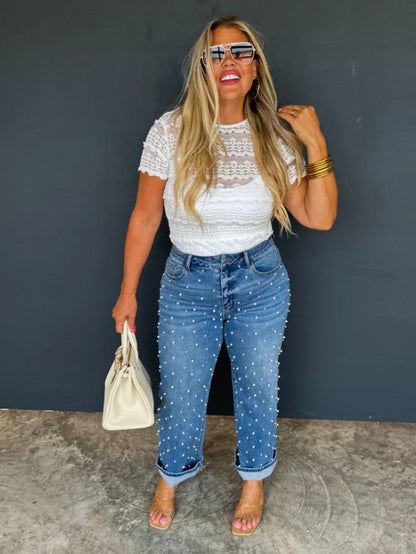 Paige High-Rise Straight Leg Pearl Medium Wash Blue Jeans