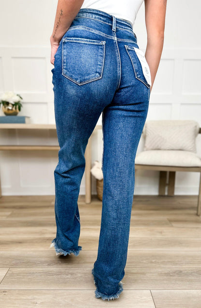 Risen Ariana Tummy Control Straight Leg Jeans - Dark Wash (Fray Hem, Distressed)