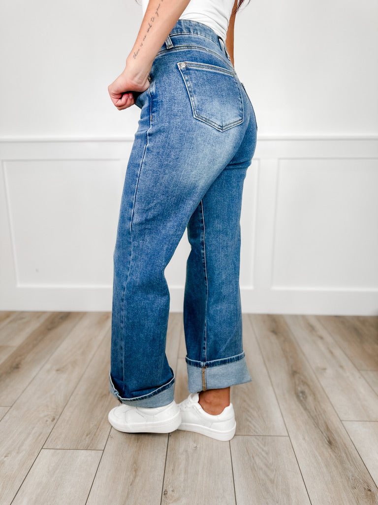 Saige Makayla Tummy Control Mid-Rise Wide Leg Jeans - Medium Wash (Non-Distressed)