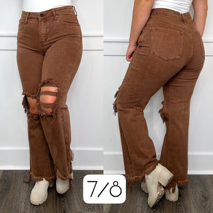 Risen Sabrina Distressed High-Rise Straight Leg Crop Espresso Jeans