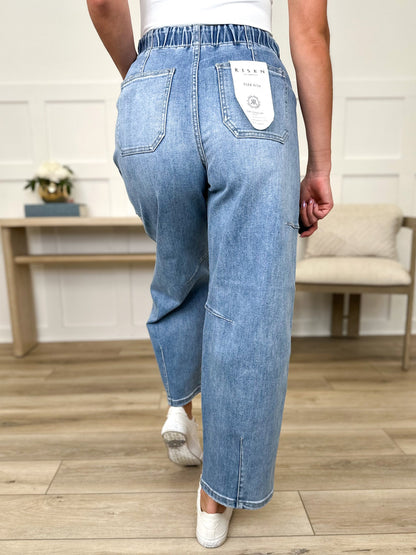 Risen Jessie High-Rise Barrel Leg Light Wash Cropped Blue Jeans