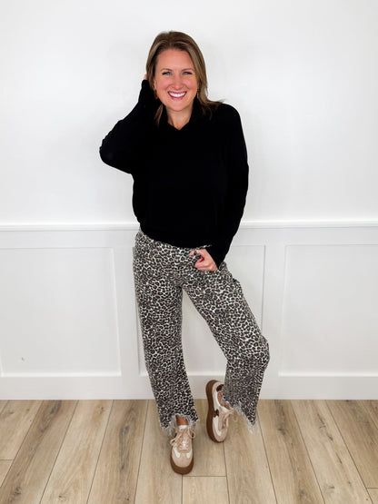 Saige Audrey Rigid High-Rise Frayed Hem Barrel Leg Leopard Print Avery Mae Jeans