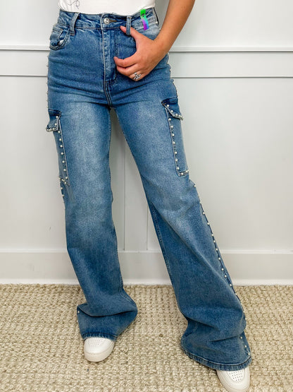 Lauren High-Rise Wide Leg Pearl Medium Wash Cargo Blue Jeans