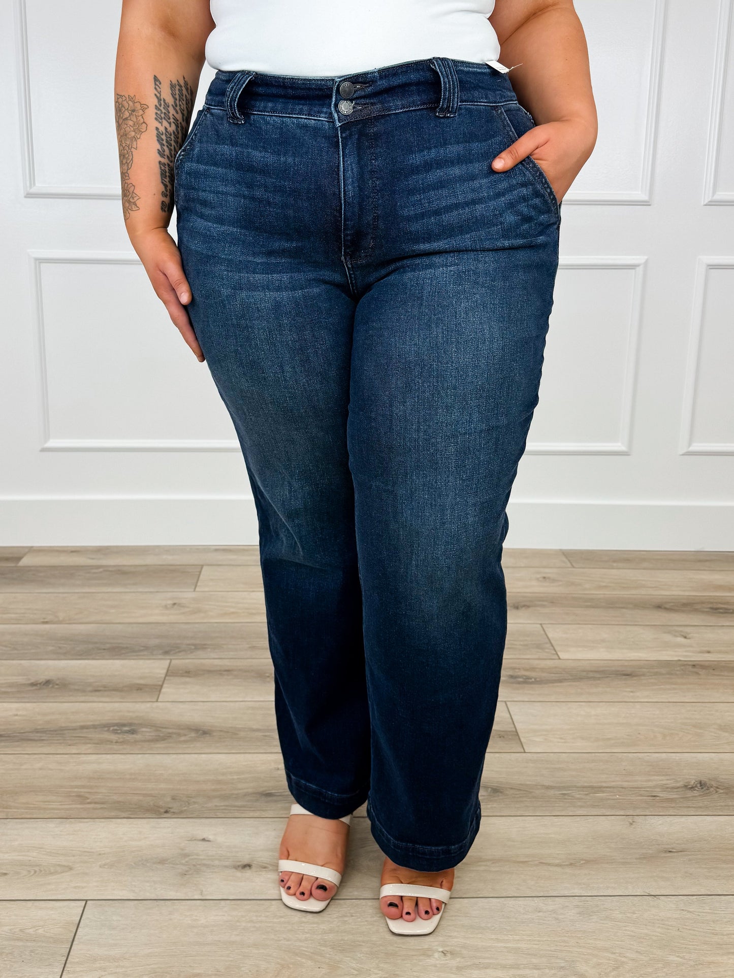 Judy Blue Maisie High-Rise Wide Leg Jeans - Dark Wash (Double Button, Non-Distressed)